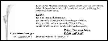 Traueranzeige von Uwe  Romainczyk von Tageszeitung