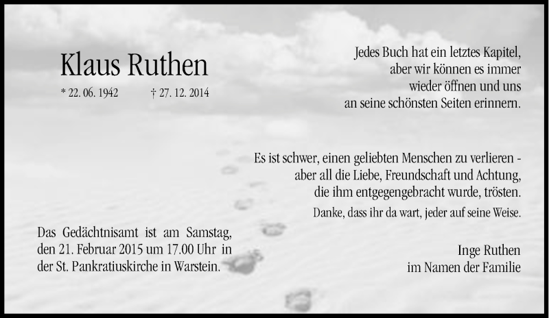  Traueranzeige für Klaus Ruthen vom 30.12.2014 aus Tageszeitung