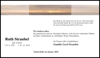 Traueranzeige von Ruth Straubel von Tageszeitung
