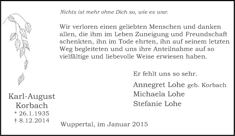  Traueranzeige für Karl-August Korbach vom 10.12.2014 aus Tageszeitung
