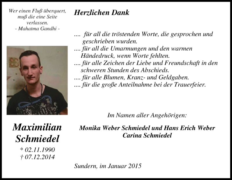  Traueranzeige für Maximilian Schmiedel vom 12.12.2014 aus Tageszeitung