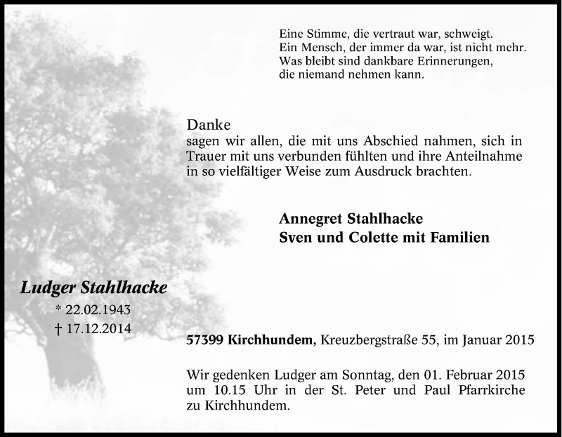  Traueranzeige für Ludger Stahlhacke vom 20.12.2014 aus Tageszeitung
