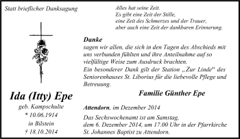 Traueranzeige von Ida Epe von Tageszeitung