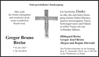 Traueranzeige von Gregor Bruno Breise von Tageszeitung