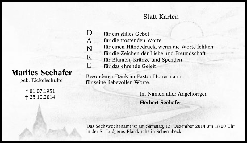  Traueranzeige für Marlies Seehafer vom 10.12.2014 aus Tageszeitung