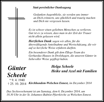 Traueranzeige von Günter Scheele von Tageszeitung
