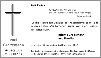 Traueranzeige von Paul Greitemann von Tageszeitung