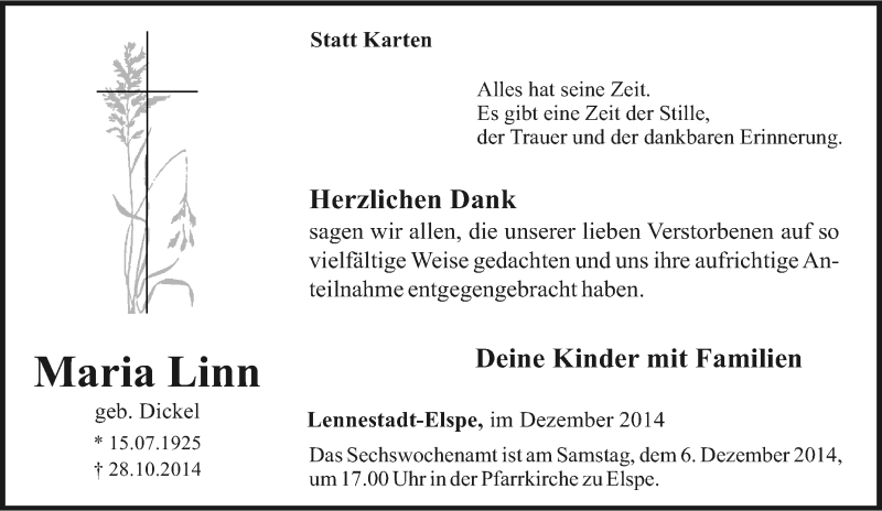  Traueranzeige für Maria Linn vom 03.12.2014 aus Tageszeitung