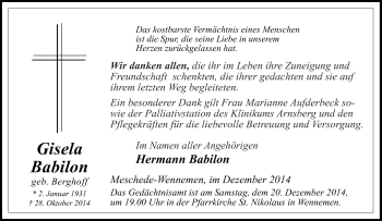 Traueranzeige von Gisela Babilon von Tageszeitung