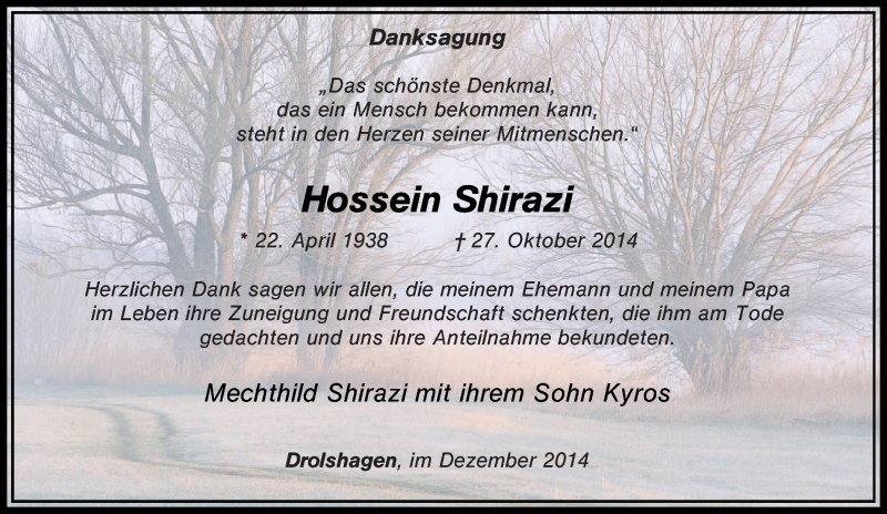  Traueranzeige für Hossein Shirazi vom 06.12.2014 aus Tageszeitung