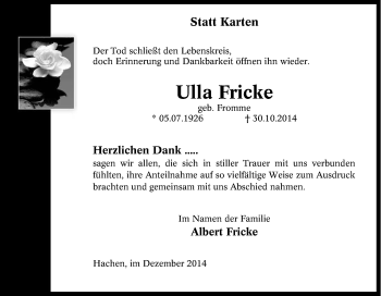 Traueranzeige von Ulla Fricke von Tageszeitung