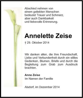 Traueranzeige von Annelette Zeise von Tageszeitung