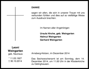 Traueranzeige von Leoni Weingarten von Tageszeitung
