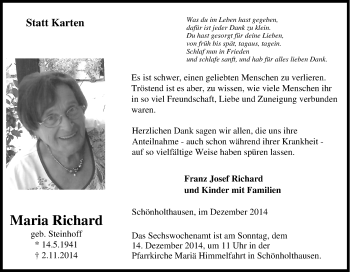 Traueranzeige von Maria Richard von Tageszeitung