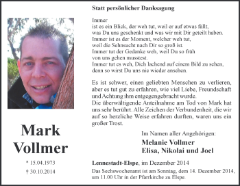 Traueranzeige von Mark Vollmer von Tageszeitung
