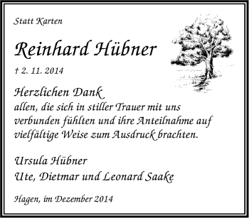 Traueranzeige von Reinhard Hübner von Tageszeitung