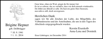 Traueranzeige von Brigitte Hepner von Tageszeitung