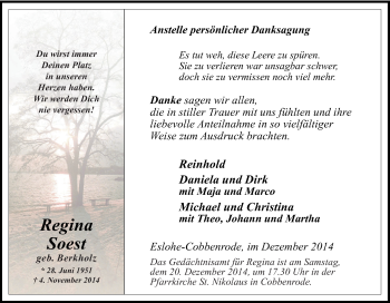 Traueranzeige von Regina Soest von Tageszeitung