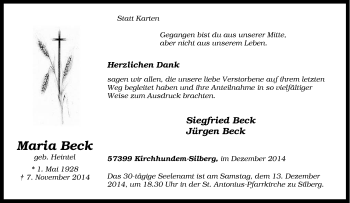 Traueranzeige von Maria Beck von Tageszeitung