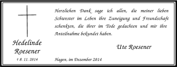 Traueranzeige von Hedelinde Roesener von Tageszeitung