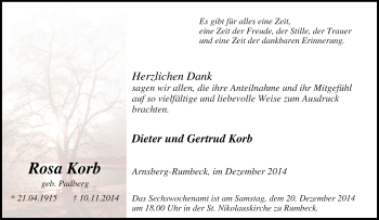 Traueranzeige von Rosa Korb von Tageszeitung