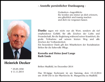 Traueranzeige von Heinrich Decker von Tageszeitung