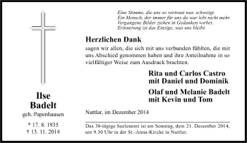 Traueranzeige von Ilse Badelt von Tageszeitung
