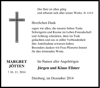 Traueranzeige von Margret Jötten von Tageszeitung