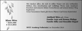 Traueranzeige von Klaus Mörs von Tageszeitung