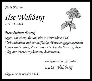 Traueranzeige von Ilse Wehberg von Tageszeitung