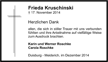 Traueranzeige von Frieda Kruschinski von Tageszeitung