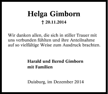 Traueranzeige von Helga Gimborn von Tageszeitung