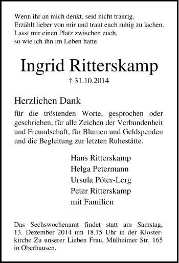 Traueranzeige von Ingrid Ritterskamp von Tageszeitung