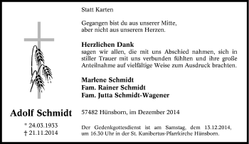 Traueranzeige von Adolf Schmidt von Tageszeitung