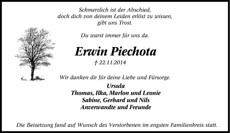  Traueranzeige für Erwin Piechota vom 06.12.2014 aus Tageszeitung