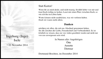 Traueranzeige von Ingeborg (Inge)  Isele von Tageszeitung