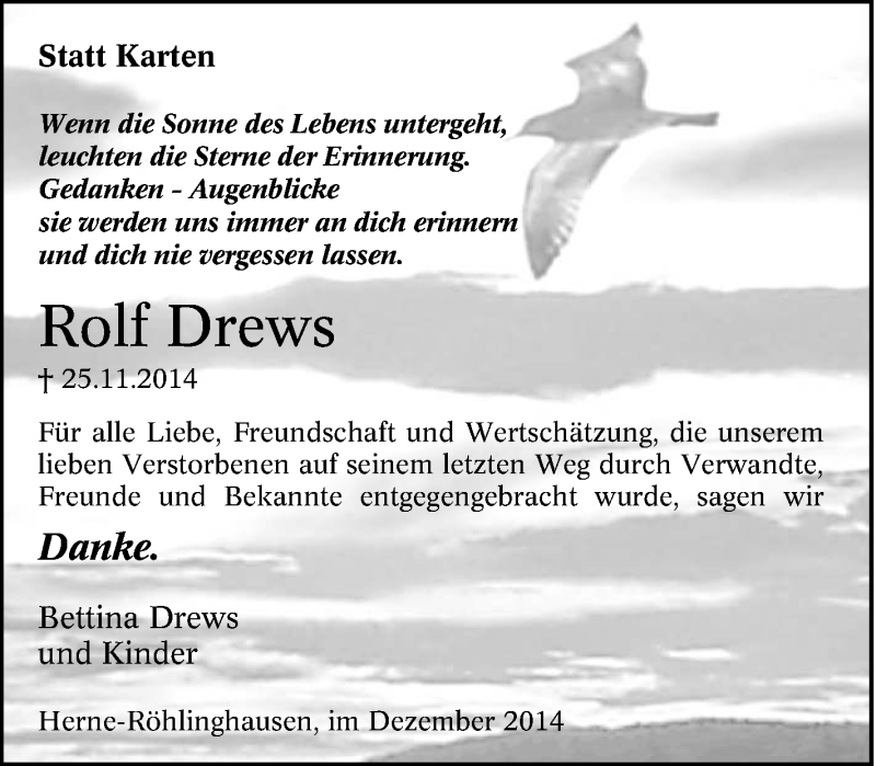  Traueranzeige für Rolf Drews vom 08.12.2014 aus Tageszeitung