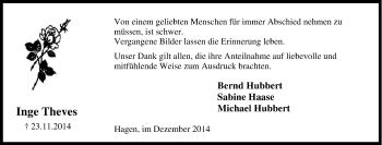 Traueranzeige von Inge Theves von Tageszeitung