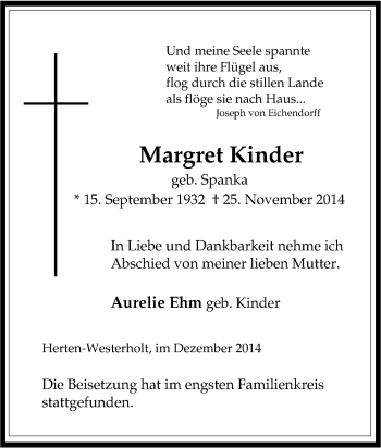 Traueranzeige von Margret Kinder von Tageszeitung