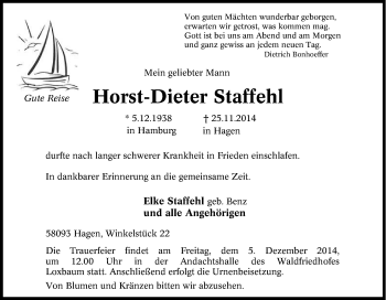 Traueranzeige von Horst-Dieter Staffehl von Tageszeitung
