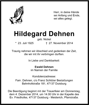 Traueranzeige von Hildegard Dehnen von Tageszeitung