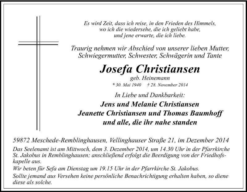 Traueranzeigen von Josefa Christiansen | Trauer-in-NRW.de