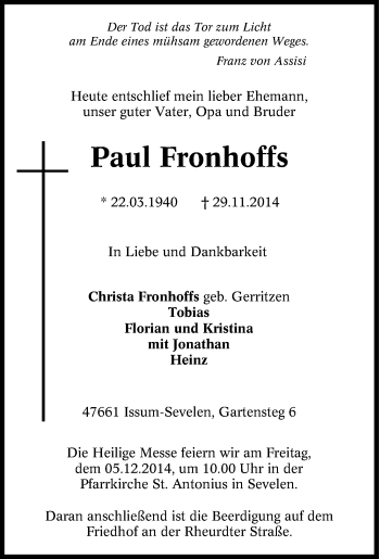 Traueranzeige von Paul Fronhoffs von Tageszeitung