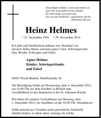 Traueranzeige von Heinz Helmes von Tageszeitung