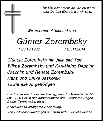 Traueranzeige von Günter Zorembsky von Tageszeitung