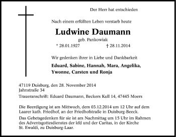 Traueranzeige von Ludwine Daumann von Tageszeitung