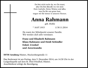 Traueranzeige von Anna Rahmann von Tageszeitung