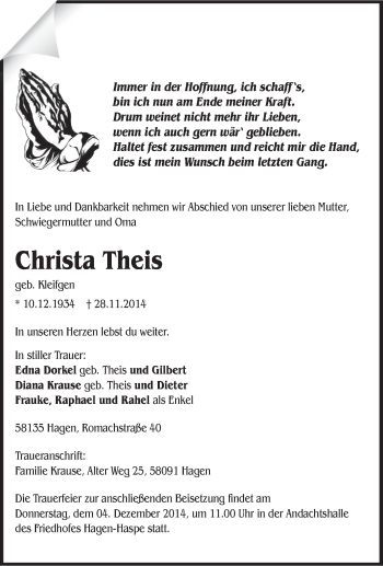 Traueranzeige von Christa Theis von Tageszeitung