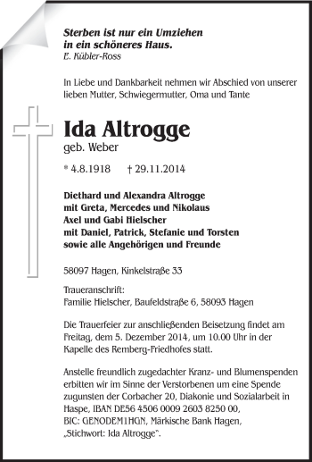 Traueranzeige von Ida Altrogge von Tageszeitung