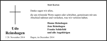 Traueranzeige von Udo Reinshagen von Tageszeitung